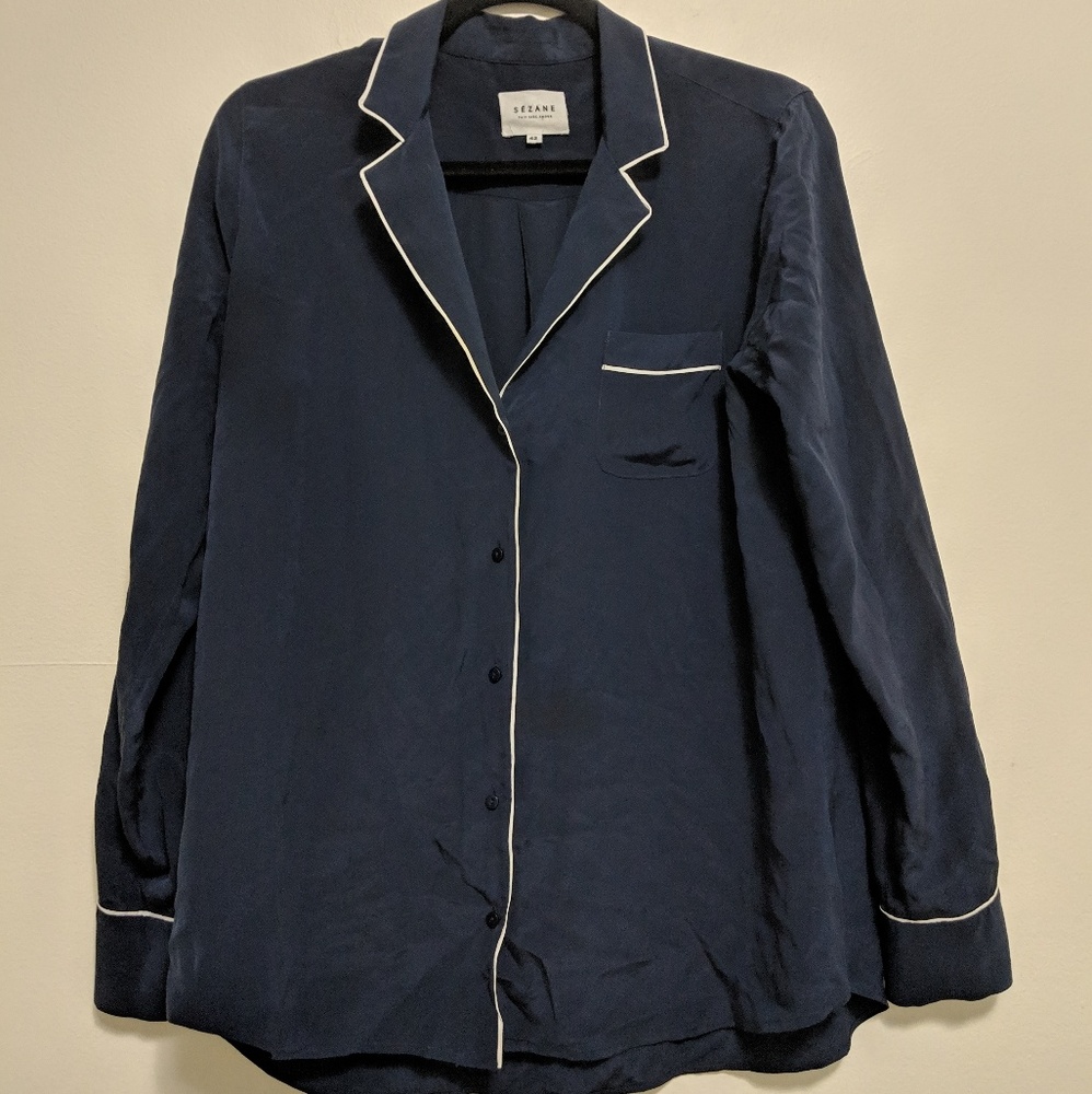 Sezane Silk Navy Top with White Piping